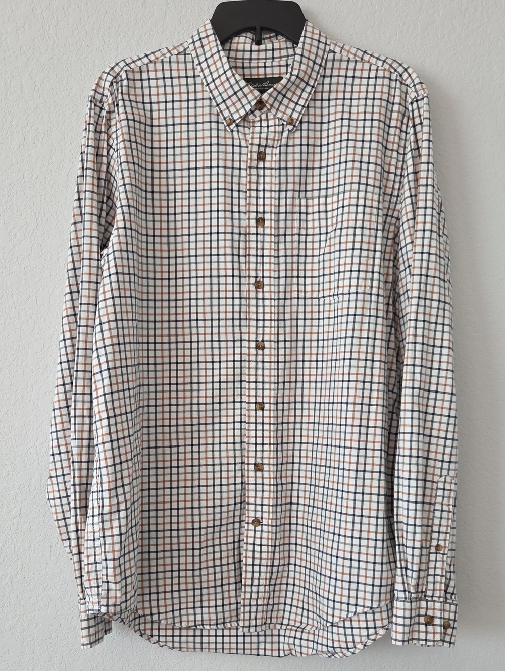 Eddie Bauer White Button-Down Shirt Navy Brown Grid Large 100% Cotton Preppy Dad
